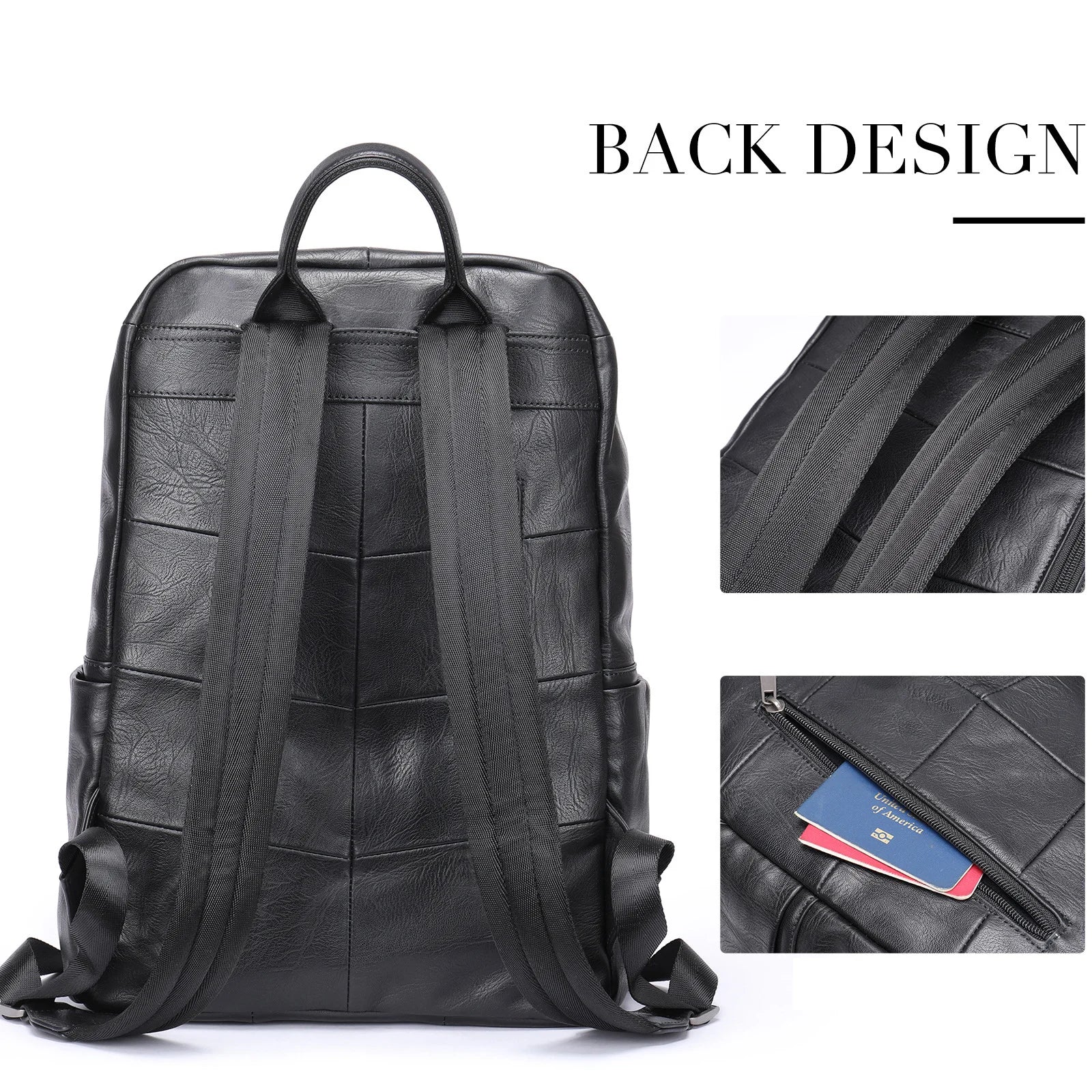 Femlion Black Leather Men's Backpack: Casual Travel Daypack for 14" Laptop