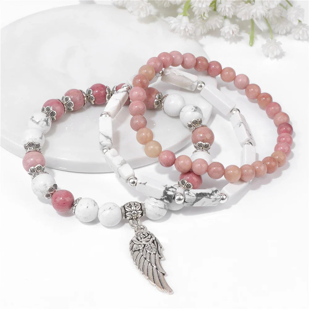 Femlion Wing Charm White Howlite Beads Bracelet Set Female Jewelry