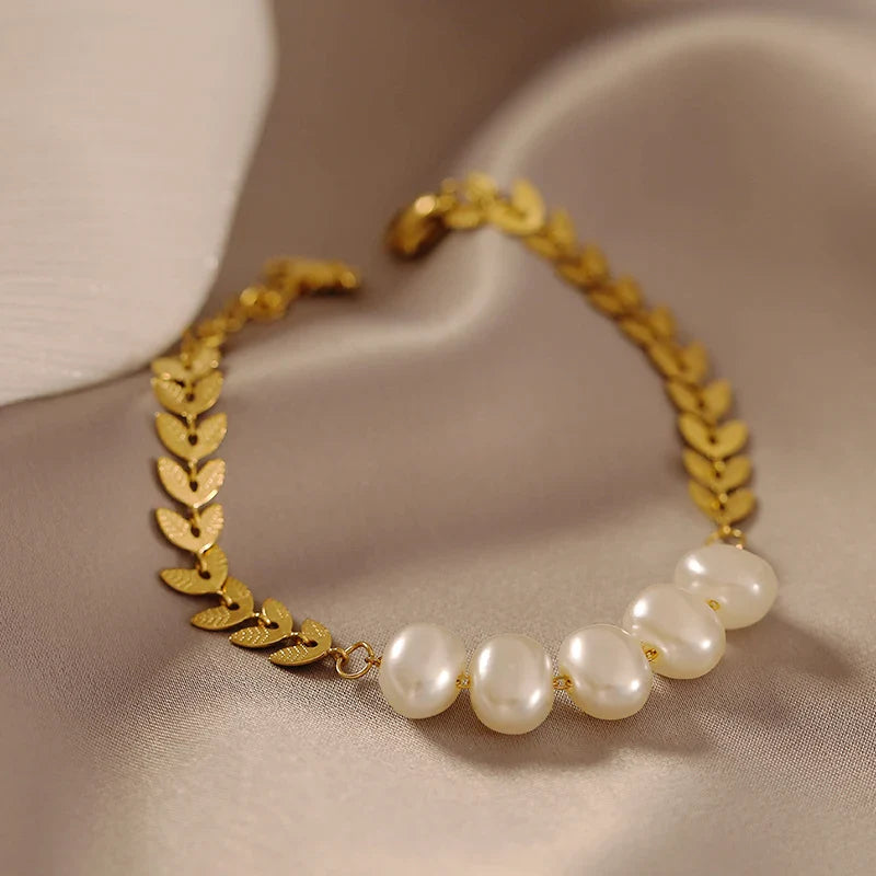 Femlion Gold Wheat Chain Pearl Bracelet Women's Fashion Jewelry