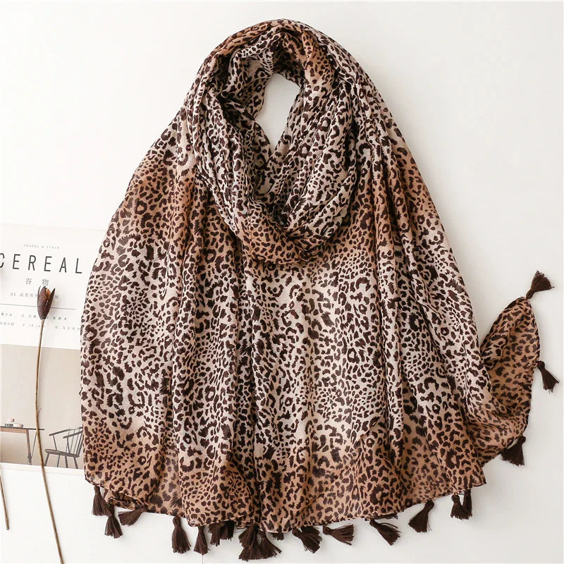 Femlion Spotted Leopard Print Tassel Scarf Shawls - Soft Linen Cotton Luxury Foulard Femme