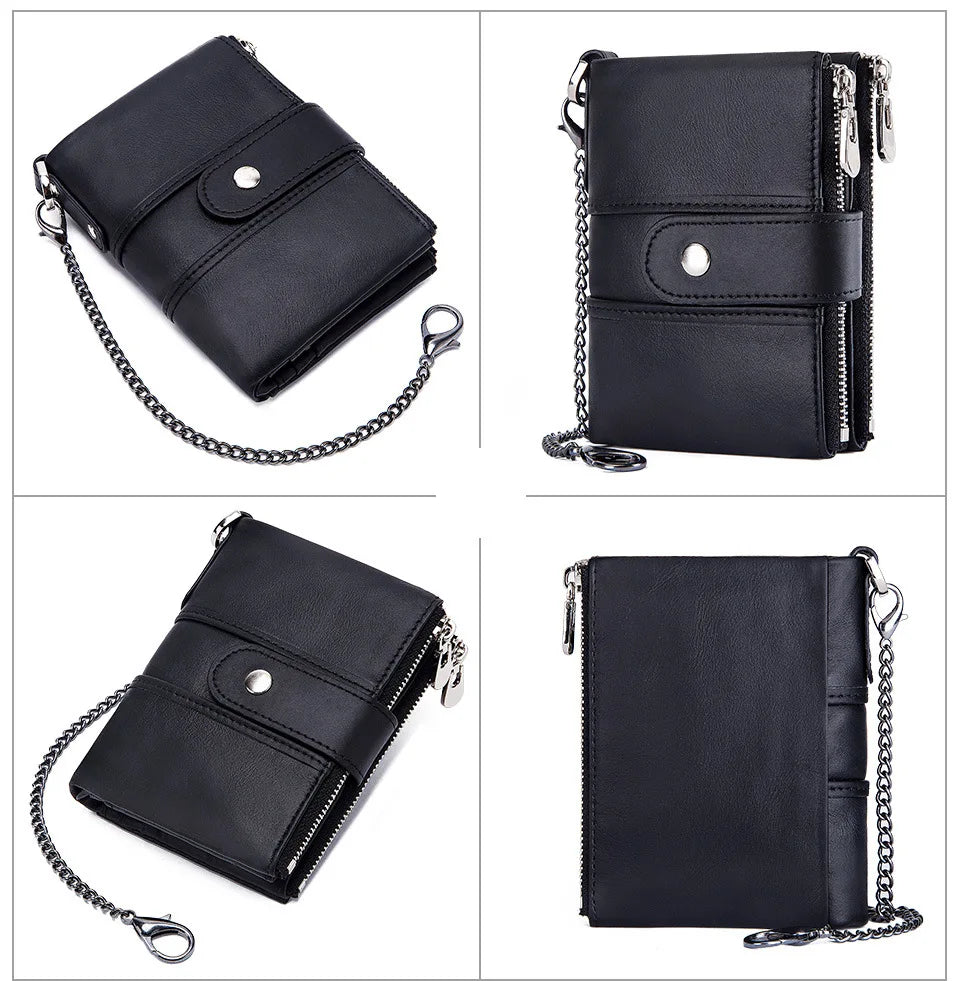 Femlion RFID Cash Leather Wallet with Chains - Men's Multi-functional Cowhide Purse