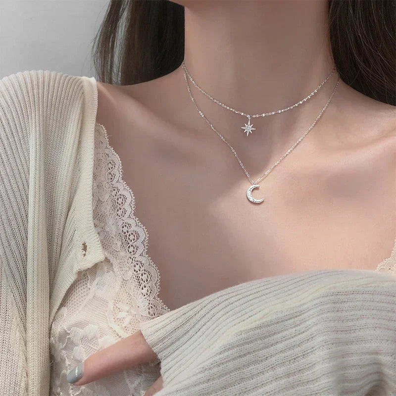 Femlion Zircon Star Moon Double Layer Necklace