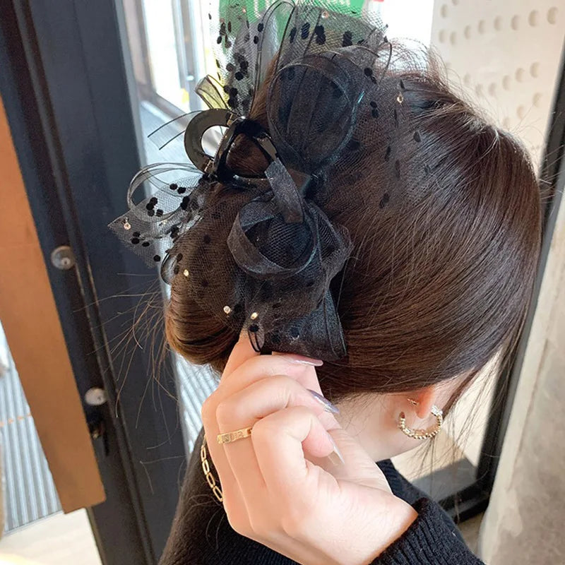 Femlion Black Lace Big Bow Hair Clip for Women and Girls - Double Sided Claw Clamp