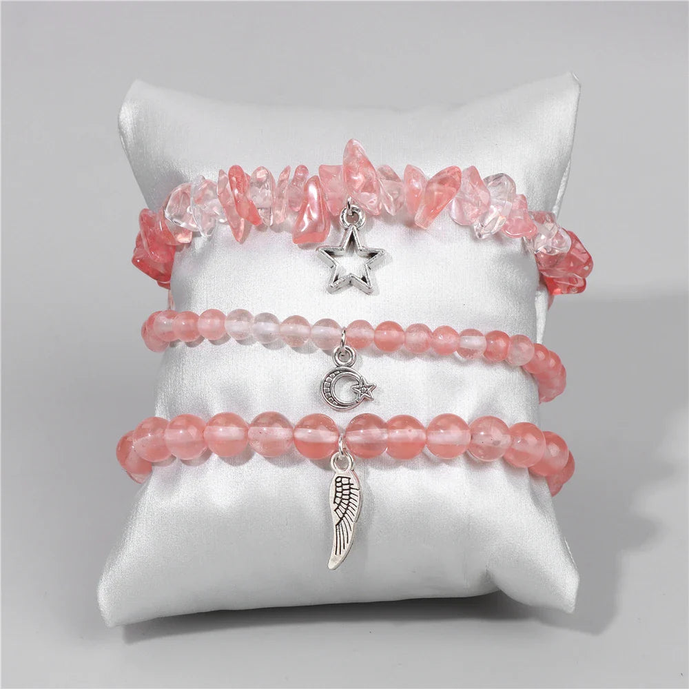 Femlion Red Watermelon Stone Bracelet Set with Sun Star Charms