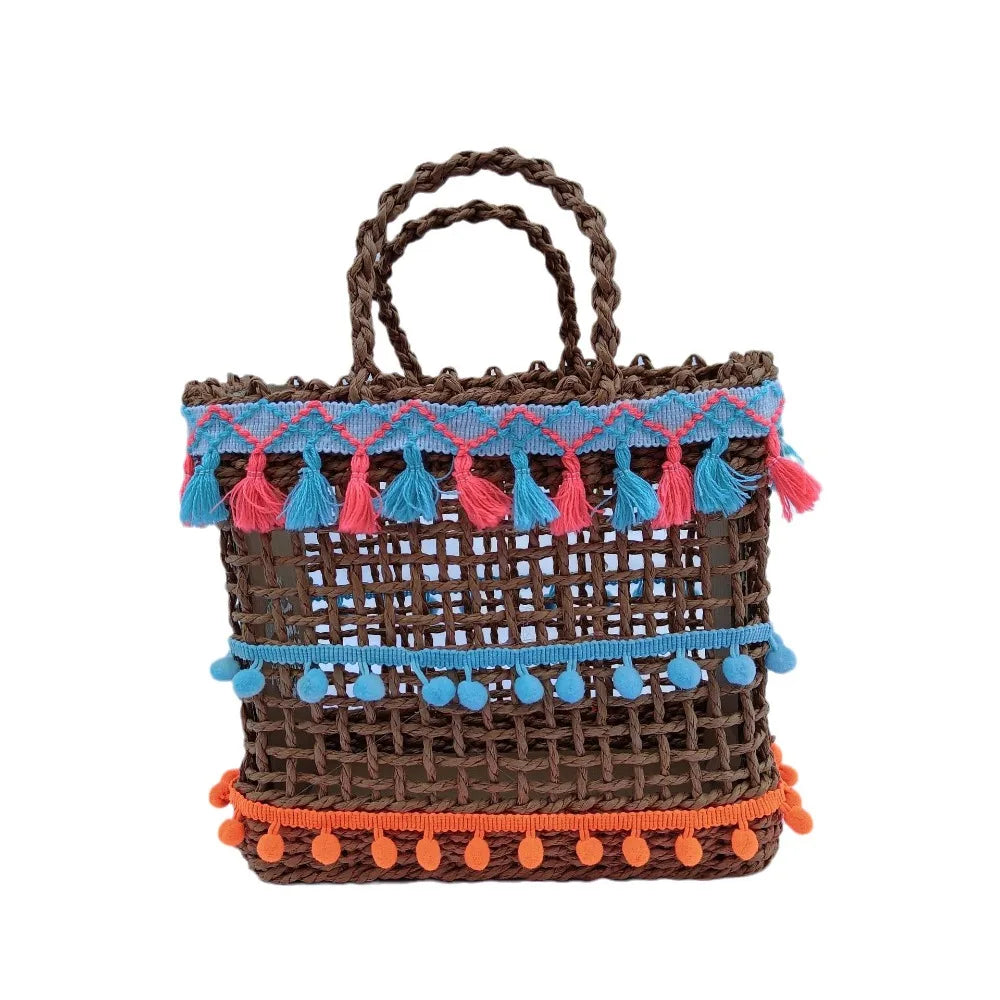 Femlion Hollow Grass Woven Bag with Wool Ball and Colorful Tassel, Ethnic Style Women's Bag