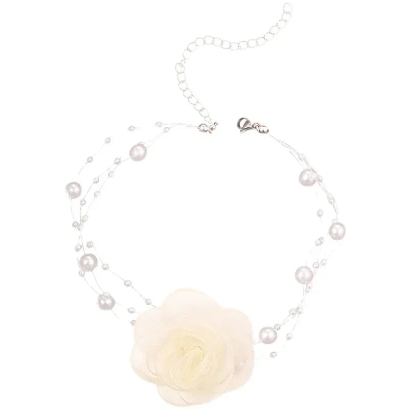 Femlion Elegant Lace Flower Choker Necklace with Simulated Pearl Chain