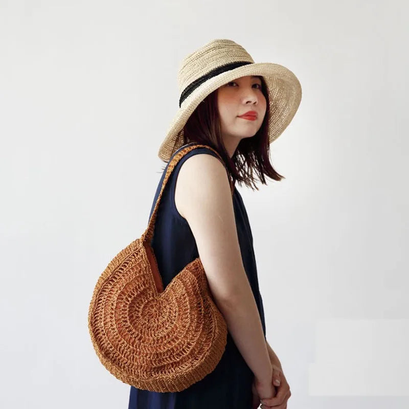 Femlion Straw Woven Round Beach Bag for Summer Vacation and High Capacity