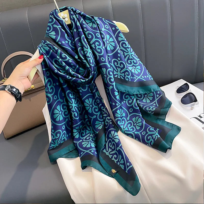 Femlion Satin Finish Scarf Women Print Luxury Brand 180X90CM Shawl Silk Large Hijab