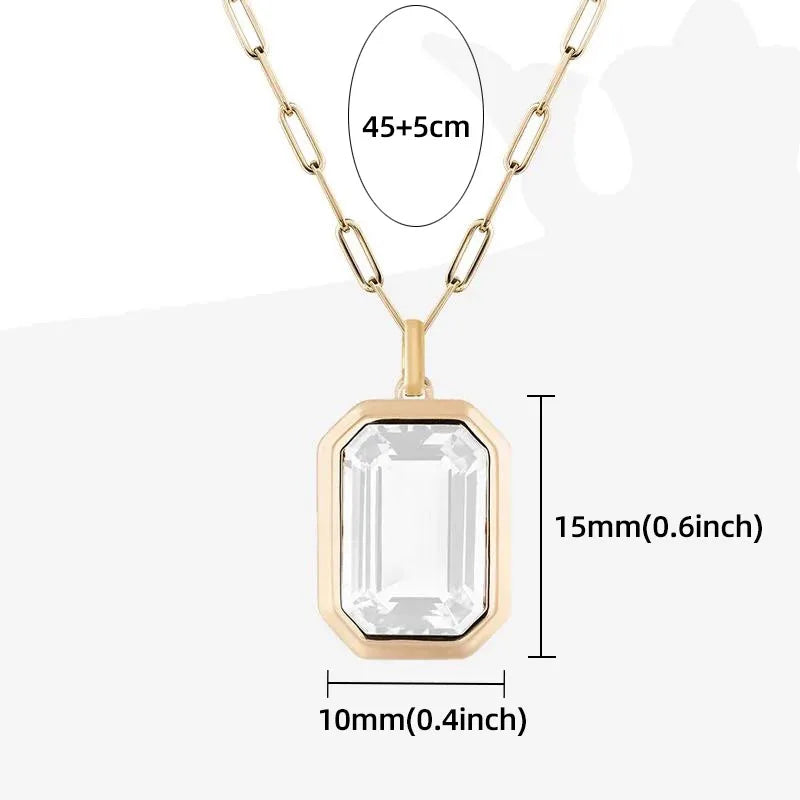 Femlion Clear Crystal Square Pendant Necklace Gold Plated Stainless Steel Chain Jewelry