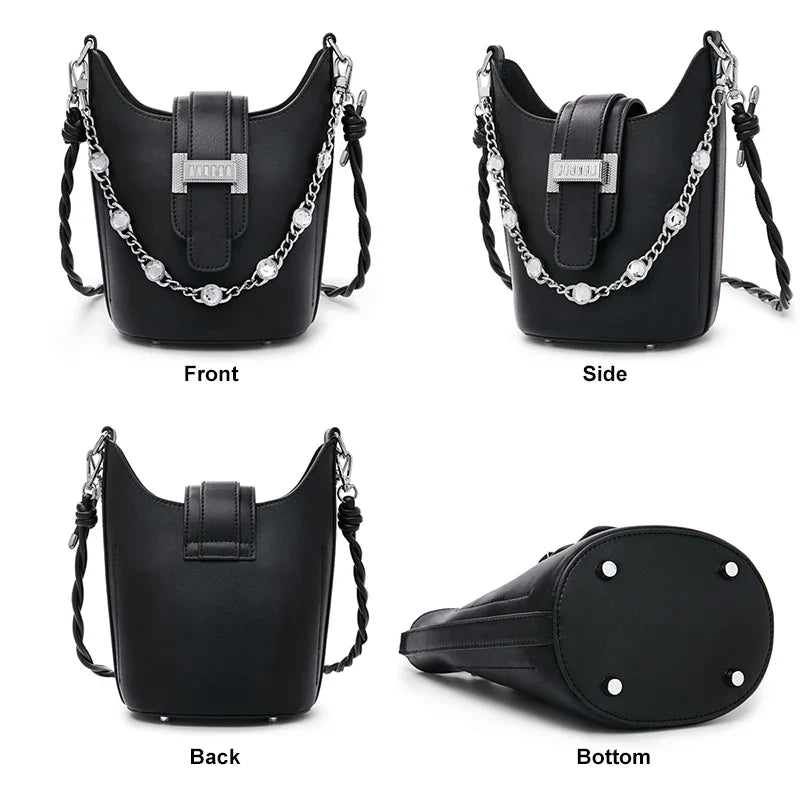 Femlion Shining Leather Diamond Crossbody Evening Bucket Bag Women's Fashion Handbag