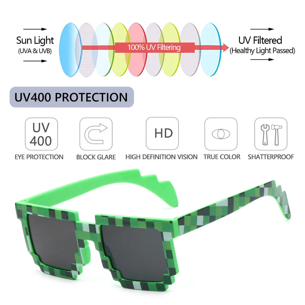 Femlion Pixel Sunglasses Thug Life Kids Funny Sun Cosplay Resin Square Glasses