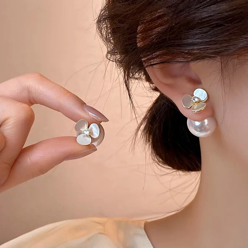 Femlion Shell Flower Pearl Stud Earrings - 2024 Fashion Jewelry for Women