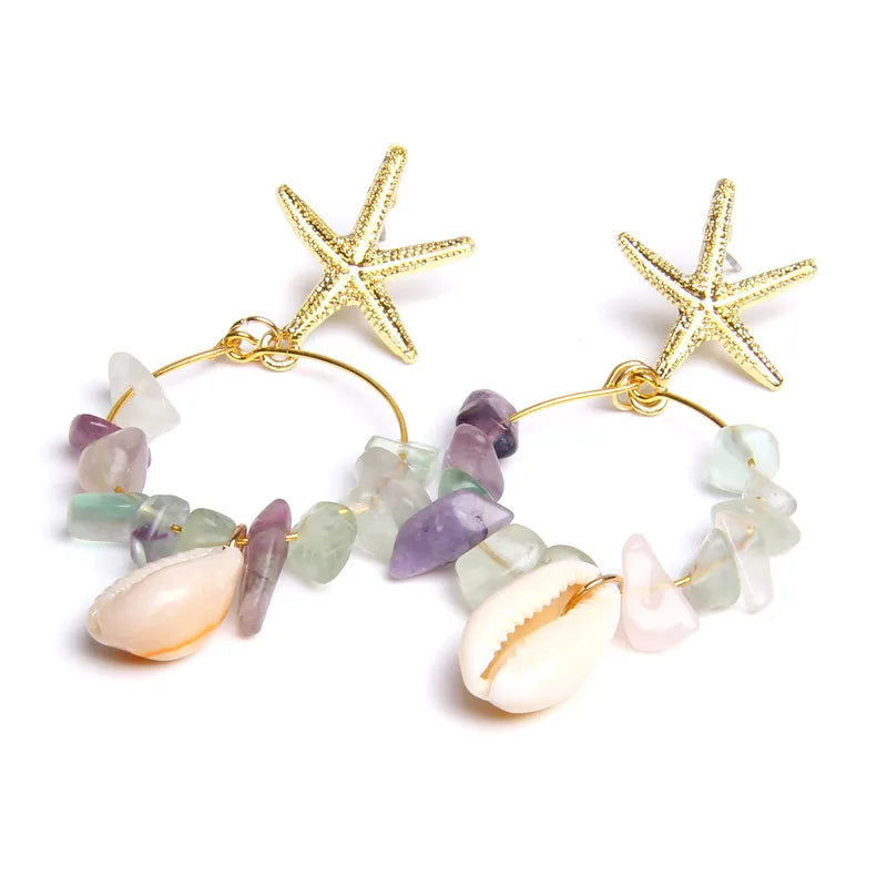 Femlion Summer Shell Starfish Stone Chips Earrings Women Boho Jewelry