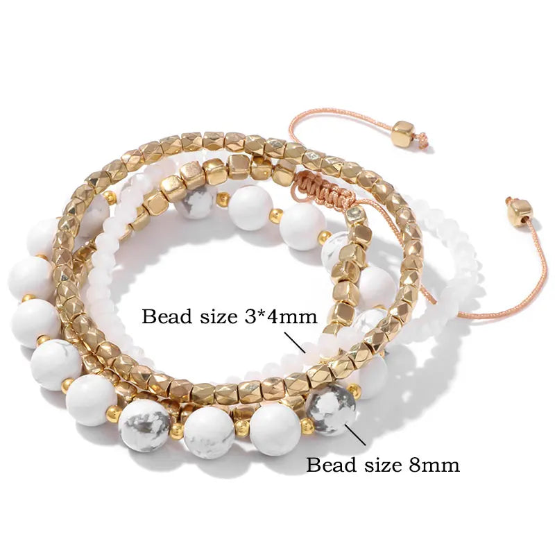 Femlion Natural Stone Bracelets Set With Adjustable Gold Beads - Handmade Crystal Bangles