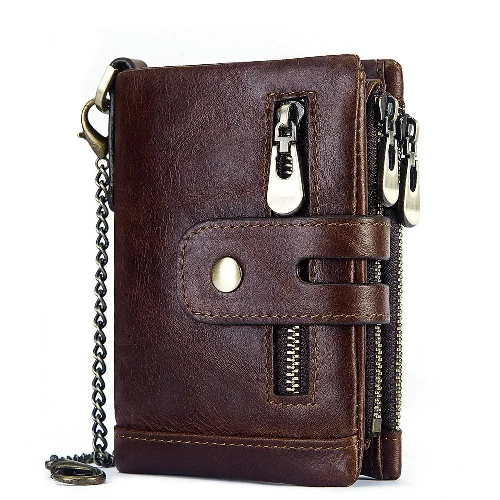 Femlion Cowhide RFID Genuine Leather Men's Wallet with Iron Chains