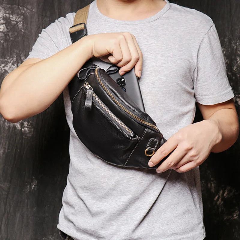 Femlion Men's Leather Chest Bag Crossbody Purse High Quality Phone Waist Bag