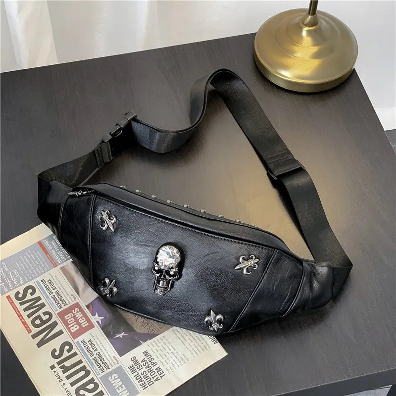 Femlion Leather Skull Chests Bag - Punk Style Fanny Pack & Phone Pouch