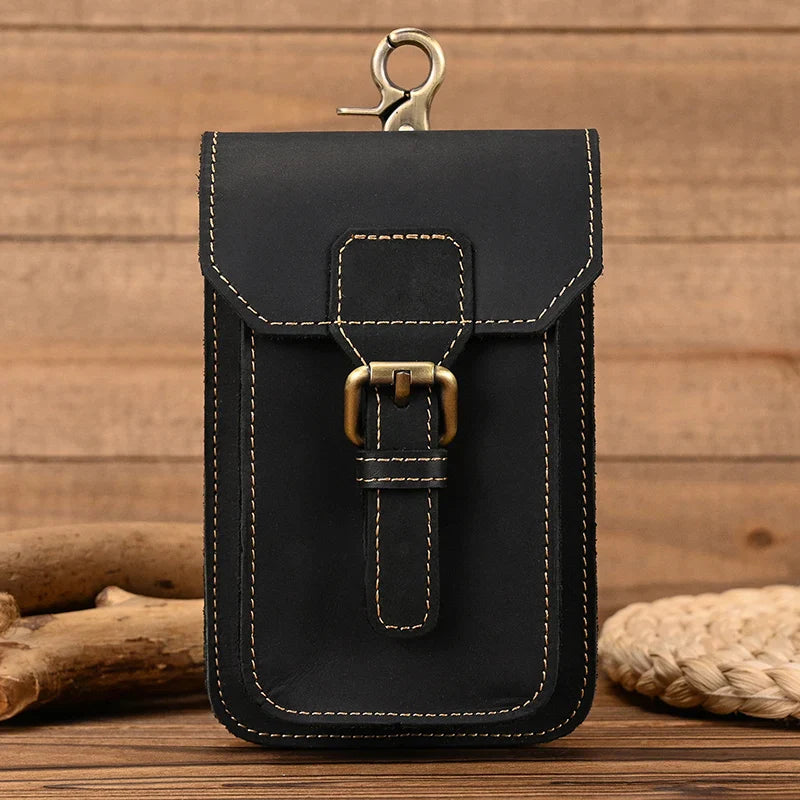 Femlion Crazy Horse Leather Phone Pouch Belt Bag for 6.7" Mobile Phone