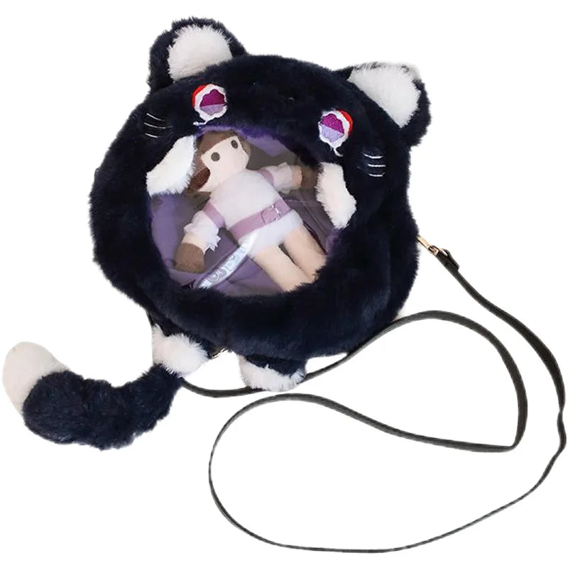 Femlion Wanders Cat Plush Crossbody Messenger Bag with Ears