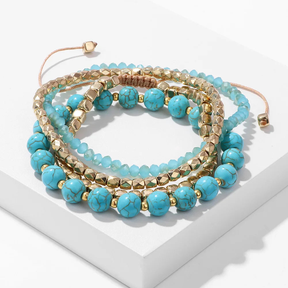 Femlion Natural Stone Bracelets Set With Adjustable Gold Beads - Handmade Crystal Bangles