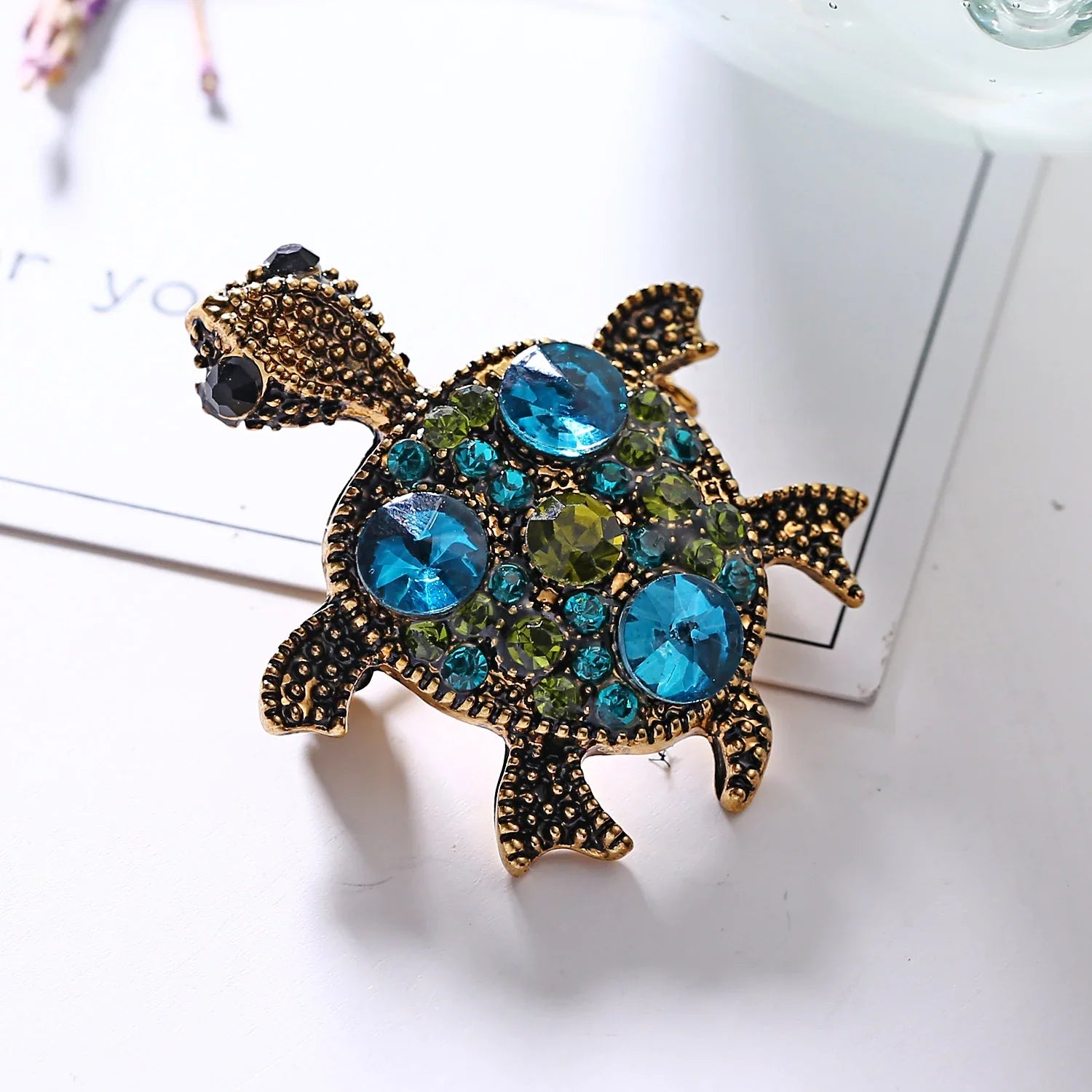 Femlion Blue Turtle Rhinestone Brooch: Vintage Enamel Animal Badge Jewelry