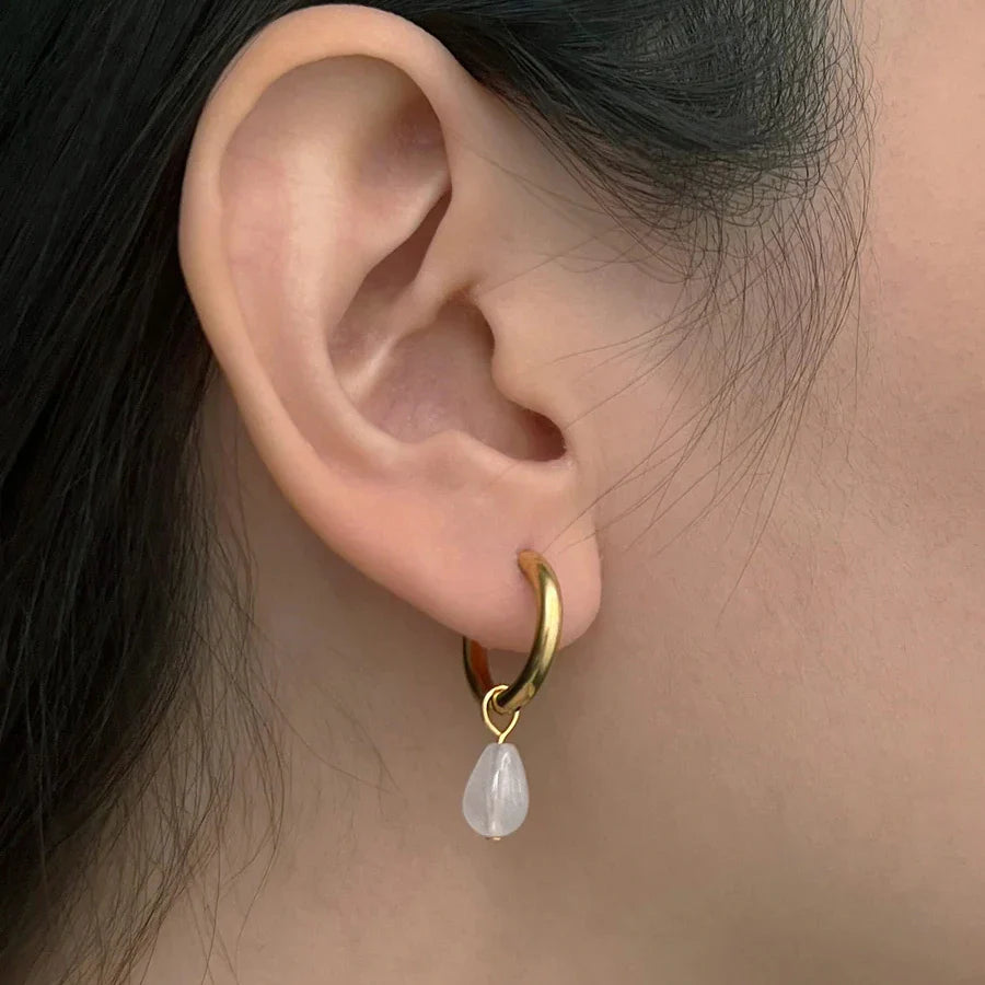 Femlion Green Stone Teardrop Earrings: Gold Hoops Huggies for Women