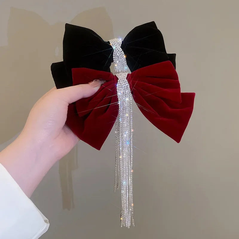 Femlion Velvet Rhinestone Bow Hair Pin Elegant Tassel Hair Clip for Girls Women