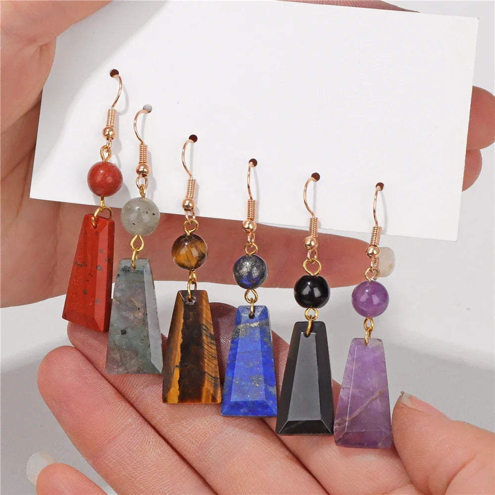 Femlion Geometric Stone Earrings: Tiger Eye, Amethyst Long Dangle Earrings for Women