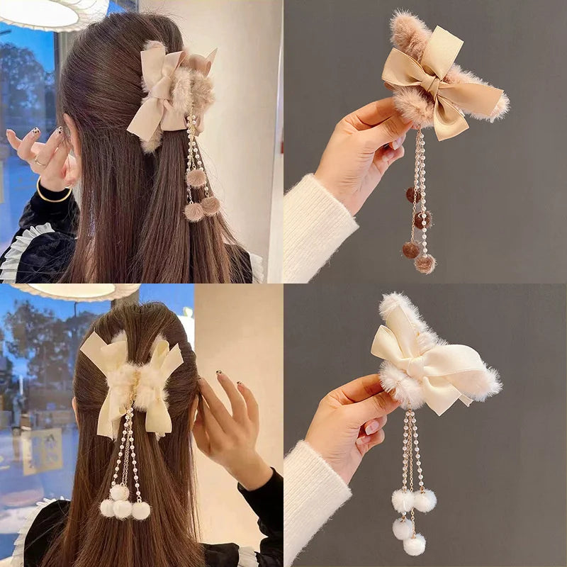 Femlion Plush Bow Tassel Hair Claws Elegant Hair Clips for Women Girls