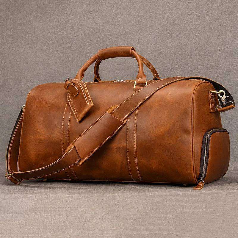 Femlion Men's Leather Duffle Weekender Bag - Genuine Cowhide Travel Handbag