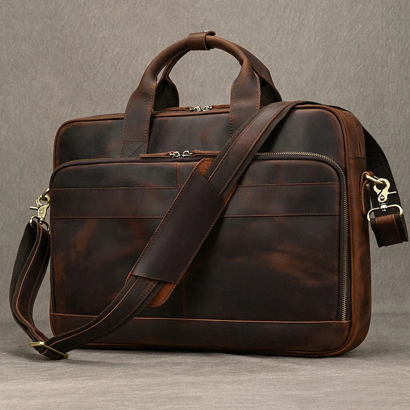 Femlion Leather Men's Business Laptop Briefcase 15.6" - Cowhide Male Doctor Lawyer Bag