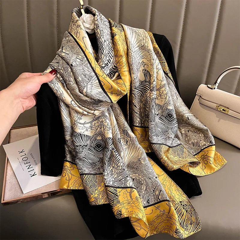 Femlion Silk Scarf: Large Shawl Hijab Design Print for Women - Luxury Brand Smooth Foulard