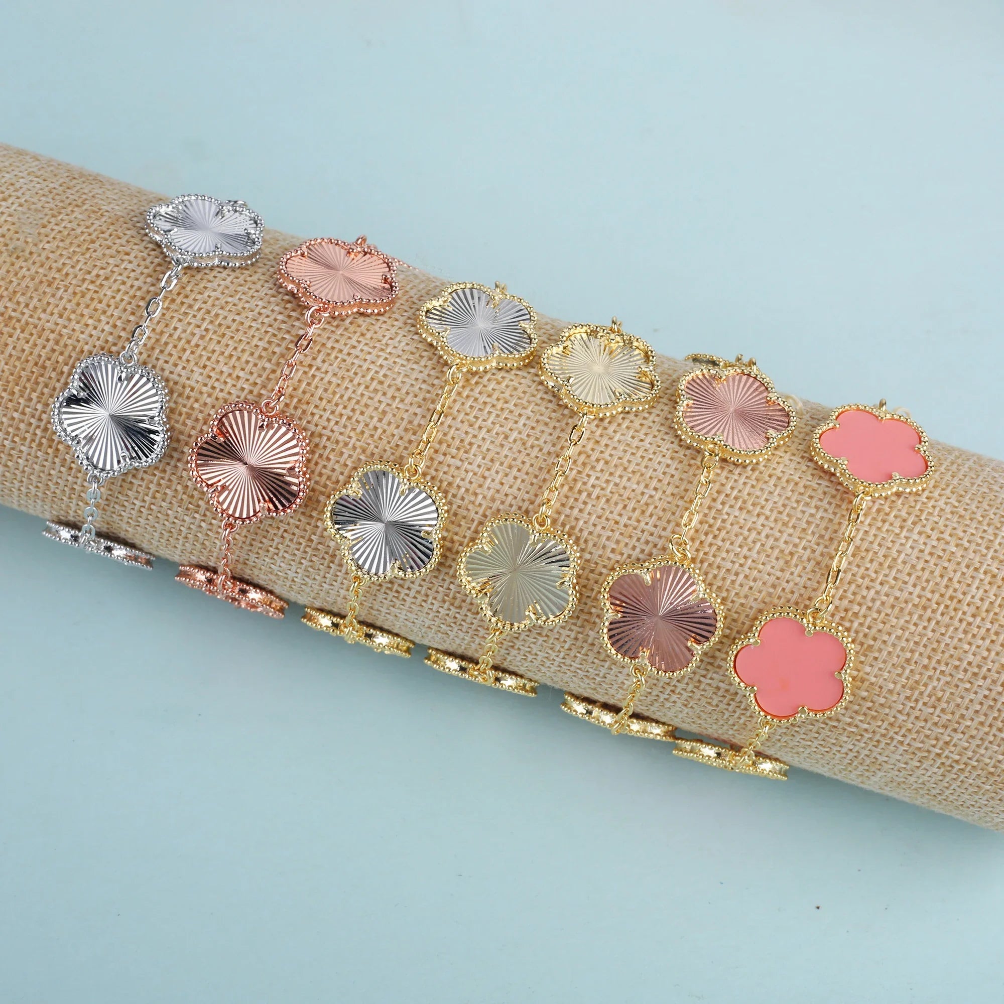 Femlion 15MM Gold Plated Clover Bracelet with Natural Stone Plum Blossom Design