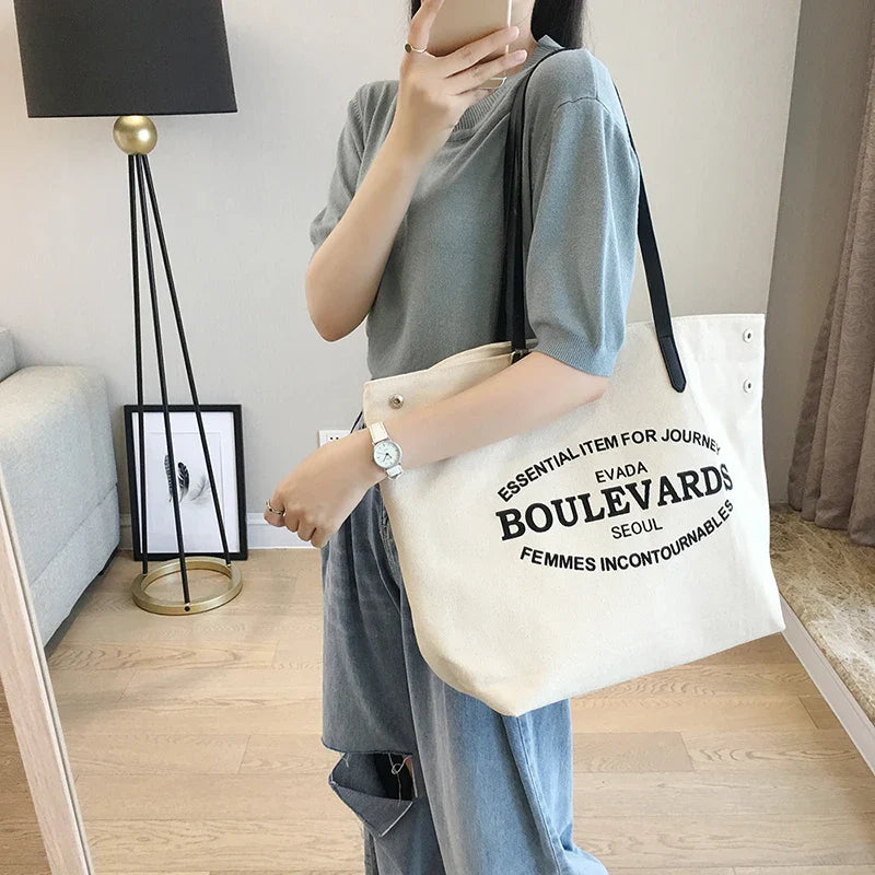 Femlion Letter Canvas One-Shoulder Bag Large Leisure Shopping Bag