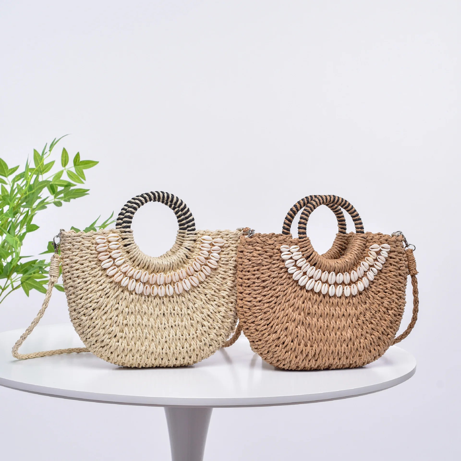 Femlion Seashell Woven Crossbody Handbag - Beach Resort Street Fashion