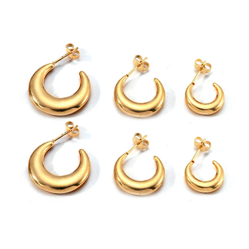 Femlion Moon Shape Hoop Earrings - Gold Plated Stainless Steel Fashion Accessories