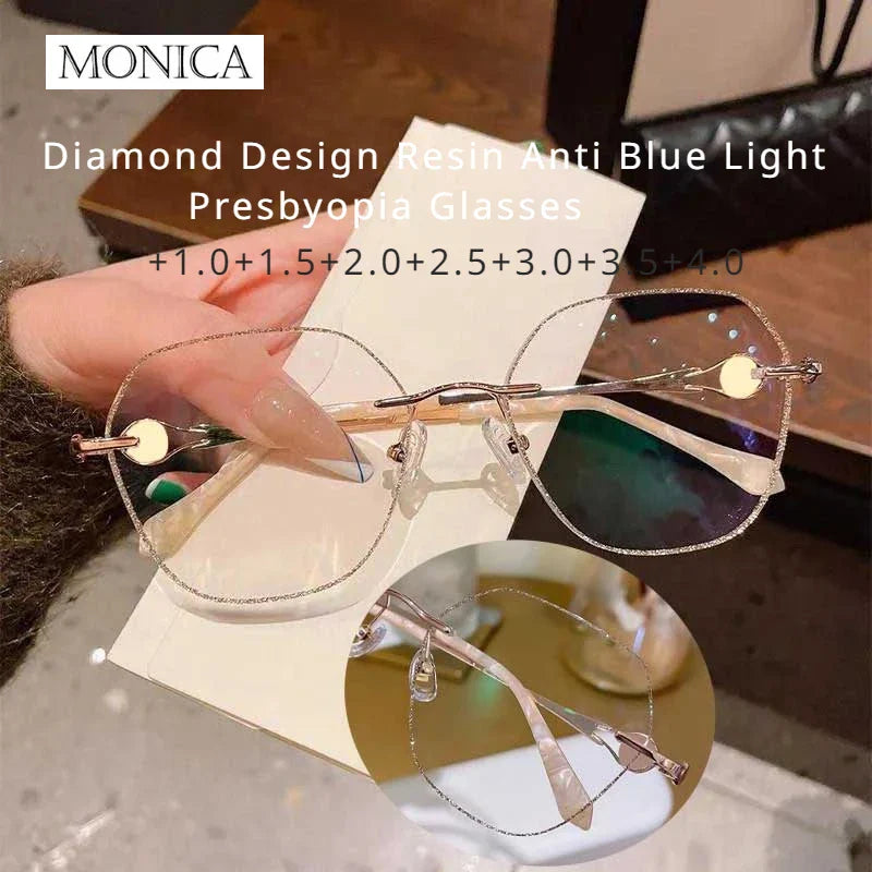 Femlion Diamond Design Champagne Gold Rimless Blue Light Blocking Reading Glasses