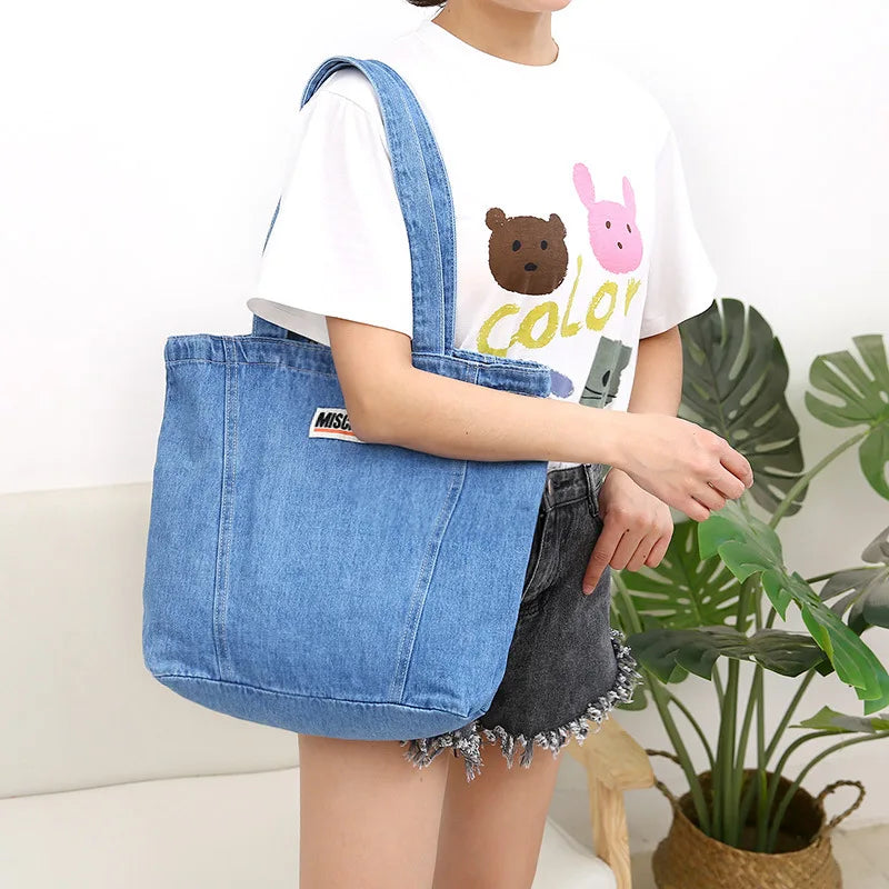 Femlion Light Blue Denim Canvas Shoulder Bag for Women - Casual Totes & School Books Bag