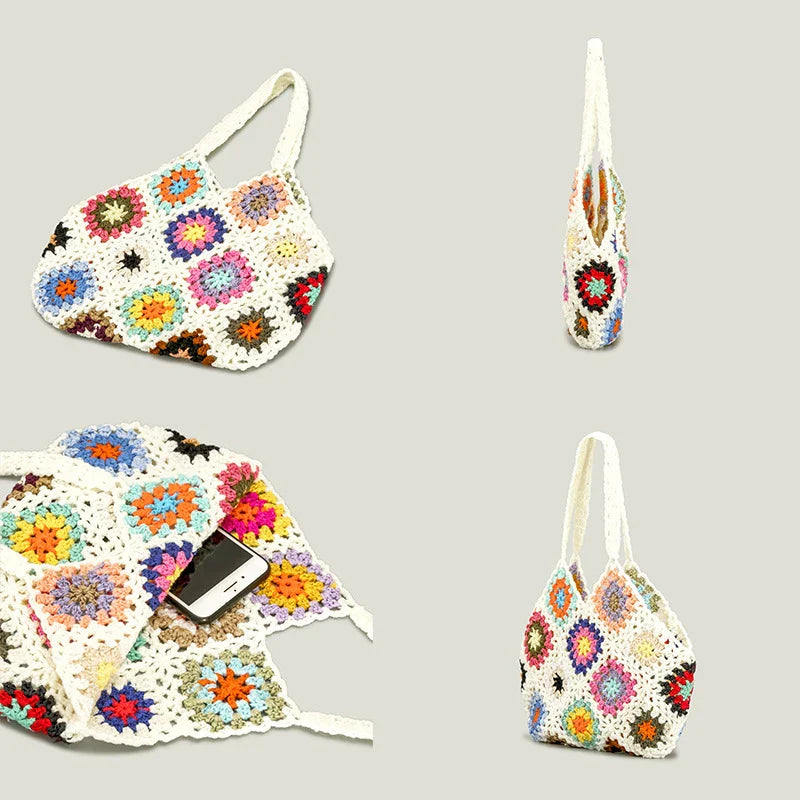 Femlion Bohemian Crochet Shoulder Bag: Handmade Flower Plaid Tote for Women