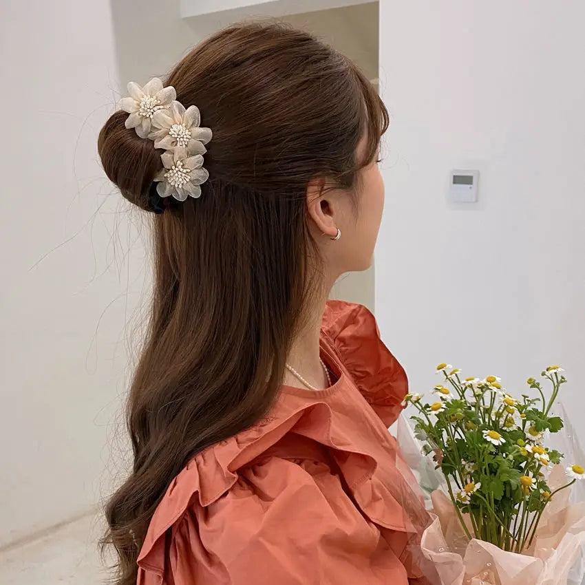 Femlion Elegant Chiffon Flower Bun Maker for Women - Sweet Korean Hairstyle Tool