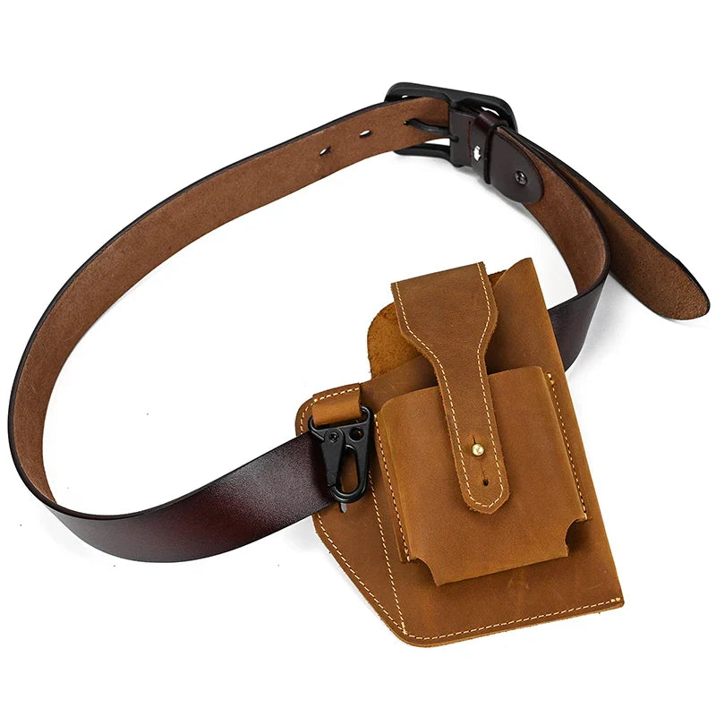 Femlion Genuine Leather Phone Waist Bag for Men - Tactical Outdoor Sports Waist Pack